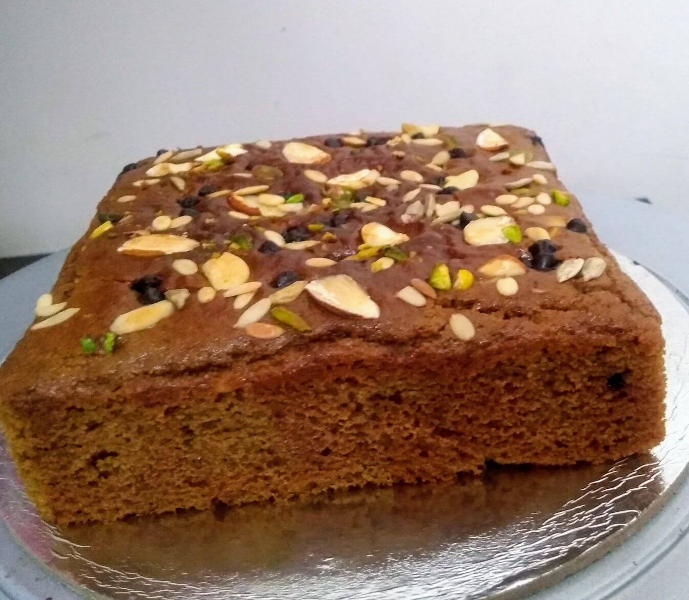 Eggless whole wheat jaggery cake.