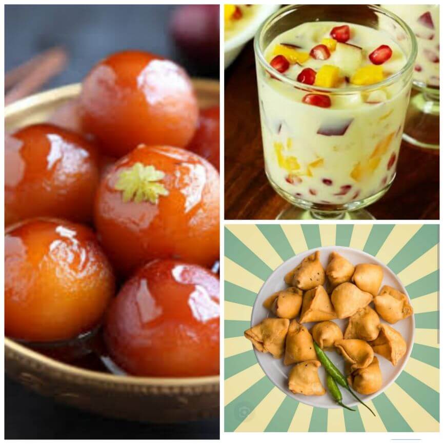 samosa+gulab jamun+fruit custard